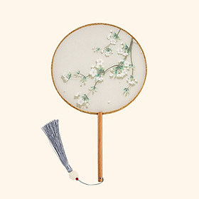 Quạt tròn cổ trang mẫu cầm tay cán dài M65 in hình bông trắng