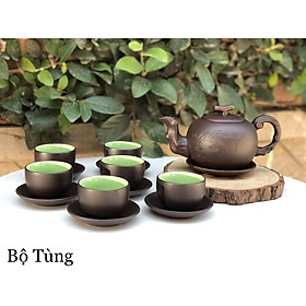 Bộ ấm chén tử sa, ấm trà gốm sứ Bát Tràng bộ tùng (1 ấm 6 chén 7 đĩa)