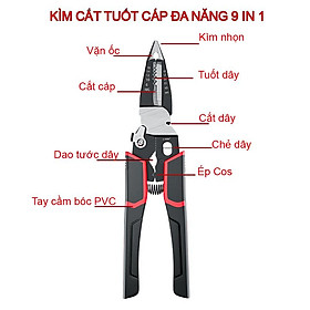 Hình ảnh Kìm cắt cáp đa năng 9 trong 1 cắt tuốt cáp dây điện kèm bấm cos có khóa an toàn tay bọc PVC chống trượt cao cấp