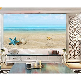 Tranh dán tường Tranh trang trí sao biển sò trên cát vàng, tranh dán tường 3d hiện đại (tích hợp sẵn keo) MS695575