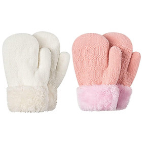 2PCS Găng tay găng tay mùa đông, unisex dễ thương lông cừu được lót găng tay nhiệt dày (3-6 tuổi) màu trắng+hồng