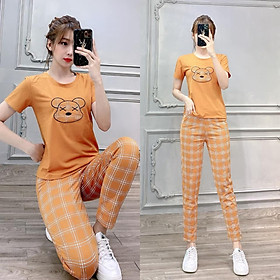 Đồ Bộ Cotton Phối Sọc- Áo thêu Logo Đáng Yêu- Sản Phẩm Y Hình