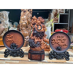 Mua Combo tượng phật di lặc ngũ phúc kt cao 60×24×14cm+ hai đĩa chữ cha mẹ +chữ đức  mặt tròn 40×4cm bằng gỗ hương đá tô mầu giả cổ