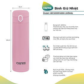 Bình Giữ Nhiệt Carez IBC325SP420N - 420ml, Inox 316, Không chứa BPA - Giữ nóng đến 8 tiếng, giữ lạnh đến 24 tiếng - Hàng chính hãng