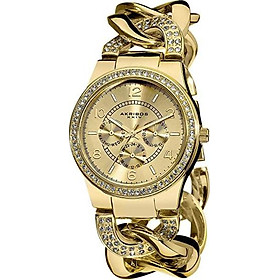 Akribos XXIV Women's Crystal Multifunction Watch - Genuine Crystals On Bezel and Bracelet- 3 Subdials, Day, Date and GMT On Twist Chain Link Bracelet - AK558
