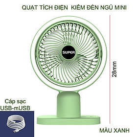 Quạt tích điện kiêm đèn ngủ thông minh, không chổi than, có 3 tốc độ, 1200mAh