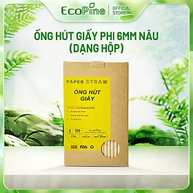 Hộp 200 ống hút giấy phi 6mm màu nâu kraft ECOPINE - Dùng cho cafe, nước ngọt, nước ép