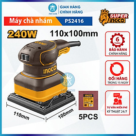 Máy chà nhám INGCO PS2416 240W, đế chà nhám vuông 110x100mm, kèm 5 miếng giấy nhám, tốc độ không tải 14000rpm