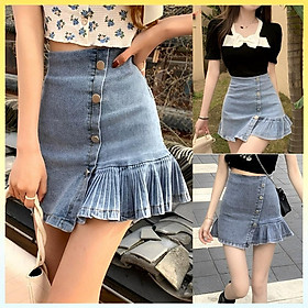 Chân váy jeans vạt xéo ĐUÔI CÁ XẾP LY có lớp lót bên trong phong cách Hàn Quốc xinh xắn siêu HOT