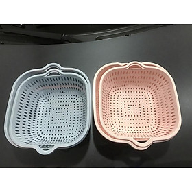 Bộ Thau Rổ 2 Lớp Vuông Nhựa Việt Nhật 2 Món, Bộ Rổ Kèm Chậu Hứng Nước Rau Củ Nhà Bếp Tiện Lợi