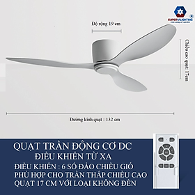 Quạt trần chung cư trang trí sử dụng cho trần thấp SuperVilighting QTRAN-2231 Kích thước cánh 1320mm hàng chính hãng