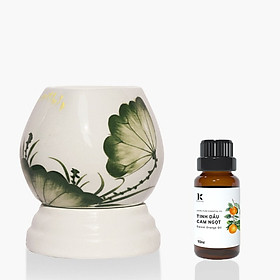 Đèn xông tinh dầu MD026 Kepha + Tặng 1 lọ tinh dầu Cam Ngọt 10ml. Đèn xông tinh dầu gốm sứ bát tràng. Họa tiết lá sen, đài sen màu xanh dịu