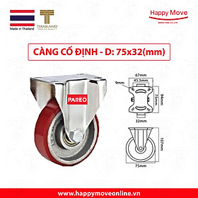 Bánh xe đẩy PU cốt gang càng cố định 75-100-125mm Happy Move Thái Lan