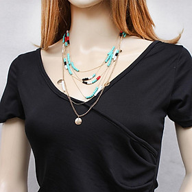 Boho Vintage Womens Multilayer Turquoise Beaded Tassel Necklace Gold Chain