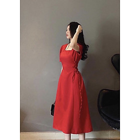 Đầm cổ vuông đan dây eo