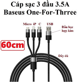 Cáp sạc đa năng 3 đầu 3.5a Usb to M+i+C dây dù siêu bền 1.2m Baseus One For ThreeCB000030 _ Hàng chính hãng