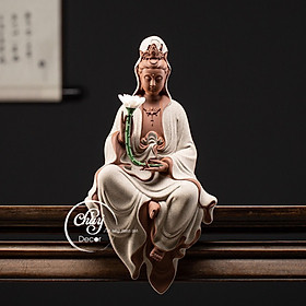 Tượng Phật Bà Quan Âm, Tượng Mẹ Quan Âm Bồ Tát Cầm Bông Sen Kèm Đèn Led Trang Trí Bằng Gốm Tử Sa