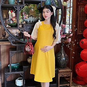 Đầm bầu thiết kế kiểu Áo dài cách tân Chất Cotton Lạnh đính nơ xinh xắn, thanh lịch - Vàng
