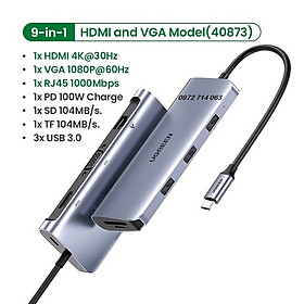 Hub chuyển TypeC 40873 sang 3 USB 3.0 + HDMI + VGA + LAN + SD TF + PD sạc TYPE C - hàng chính hãng