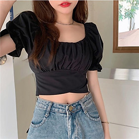 Áo kiểu cho nữ tay phồng ngắn xẻ , cổ chữ U phong cách Hàn Quốc trẻ trung đáng yêu