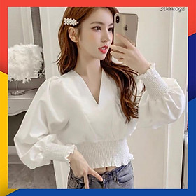 Áo Kiểu Nữ Cổ V Tay Dài Nhún Eo Siêu Đẹp