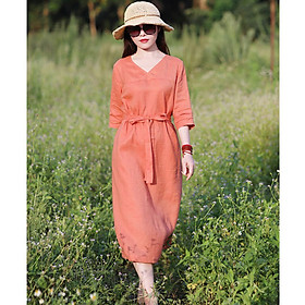 Đầm suông linen cổ tim tay lỡ ArcticHunter, chất vải linen mềm mát, thời trang xuân hè 2021 - Cam - XL