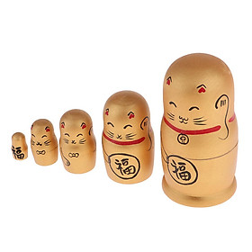 5pcs Maneki Neko Lucky Cat Wooden Nesting Dolls Matryoshka Russian Doll Gift