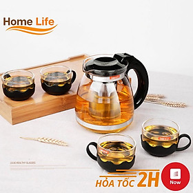 Bộ Ấm Pha Trà Thủy Tinh Kèm 4 Cốc Lưới Lọc INOX Giữ Nhiệt Tốt -1 Đổi 1 Trong Vòng 7 Ngày