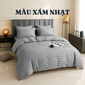 Bộ 5 món vỏ chăn drap gối cotton lụa 3F sọc 3 phân cao cấp A - dành cho khách sạn, homestay, nhà nghỉ ( hàng loại 1)