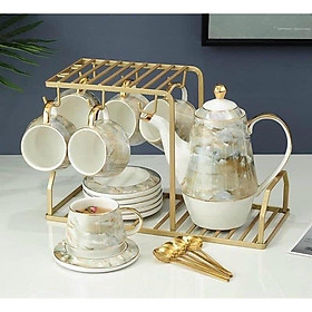 Mua BỘ ẤM CHÉN KÈM KHAY SỨ TRẮNG XÁM VÂN ĐÁ VIỀN VÀNG CAO CẤP