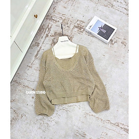 Áo Len Nữ 2 Món Cổ Tim Dáng Ngắn Móc Lỗ
