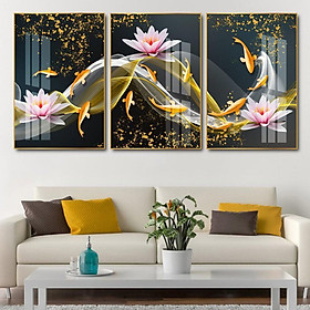 Tranh treo tường tráng gương cá chép vàng & hoa sen hồng 3d decor trang trí cầu thang, phòng ngủ và phòng khách bộ 3 bức