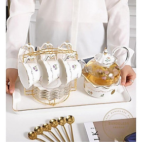 Mua BỘ ẤM CHÉN KÈM KHAY SỨ PHA TRÀ HOA SỨ XƯƠNG CAO CẤP MÀU TRẮNG CÔNG CHÚA VIỀN VÀNG HOA TÍM CÓ ĐẾ ĐUN NẾN
