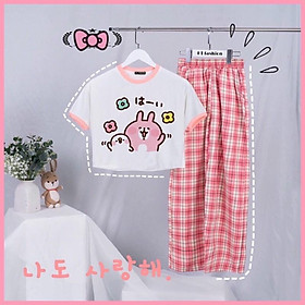 set áo croptop cuốn biên kèm quần sọc caro chất áo cotton kèm quần kate-N