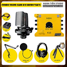 Combo thu âm, livestream Micro TakStar TAK35, Sound card XOX K10 Jubilee - Kèm full phụ kiện nguồn 48V, kẹp micro, màng lọc, tai nghe, giá đỡ ĐT - Hỗ trợ thu âm, karaoke online chuyên nghiệp - Hàng chính hãng