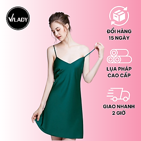 Váy ngủ nữ, váy lụa 2 dây VILADY - V127 dáng suông màu xanh rêu, chất liệu lụa Pháp cao cấp  lụa latin - L