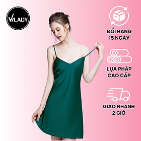 Hình ảnh Váy ngủ nữ, váy lụa 2 dây VILADY - V127 dáng suông màu xanh rêu, chất liệu lụa Pháp cao cấp ( lụa latin)