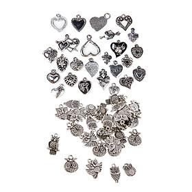 55 Pieces Wholesale Bulk Lots Tibetan Silver Owl Pendants Love Heart Charms Assorted Designs for Jewelry Making and Crafting fit Necklace Bracelet Choker Keyrings