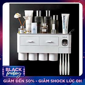Hộp đựng bàn chải kem đánh răng nhà tắm tặng kèm 4 cốc-Kệ để đồ vệ sinh răng miệng dán tường (màu ngẫu nhiên)