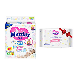 Mua Tã/bỉm dán Merries size S - 82 + 6 miếng (Cho bé 4-8kg) - Tặng 1 Gói khăn ướt chăm sóc da trẻ em 54 miếng