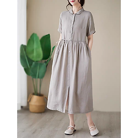 Đầm linen dáng dài, suông công sở cổ tròn linen tay cộc kèm dây eo, đầm đũi form rộng Haint Boutique Da169