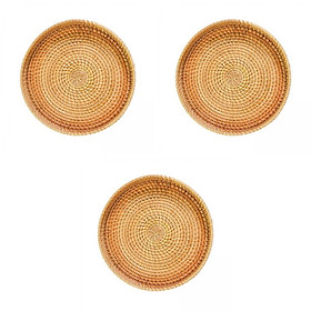 3Pcs Rattan Round Serving Tray Wicker Platter Woven for Drinks Snack Bread