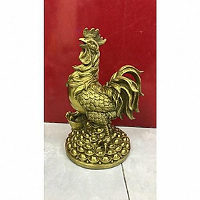 Tượng gà đứng trên thỏi vàng bằng đồng kích thước 26,6x15cm