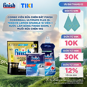 Combo Finish: Viên rửa chén Ultimate 18 viên + Nước làm bóng 500ml + Muối rửa chén 1kg