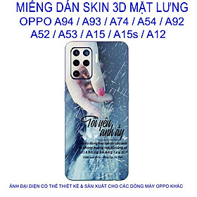 Miếng Dán Skin 3D mặt lưng dành cho OPPO A94 / A93 / A74 / A54 / A92 / A52 / A53 / A15 / A15s / A12 chống trầy xước