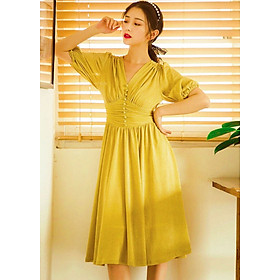 Đầm xoè vàng nút bọc  XMM38