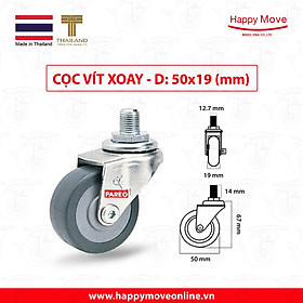Bánh xe đẩy cao su tổng hợp xám tải nhẹ cọc vít xoay 360 độ - 50-65-75mm - Happy Move Thái Lan
