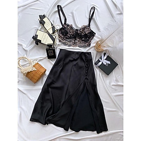 Áo Bralette mix váy lụa thiết kế màu đen quyến rũ phù hợp mặc đi biển, đi tiệc, đi chơi