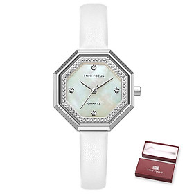  Đồng hồ thời trang nữ với dây đeo bằng da đính kim cương pha lê Chống thấm nước 
MINI FOCUS Women Quartz Watch Octagon Case-Màu trắng