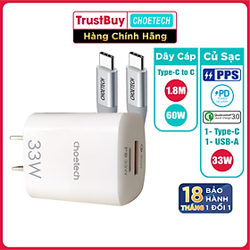 Mua Combo Củ Sạc Điện Thoại Samsung Type C 33W PPS PD3.0 CHOETECH PD5006-W Và Cáp Type C to C 60W Dài 1.8M CC0005-S - Hàng Chính Hãng
